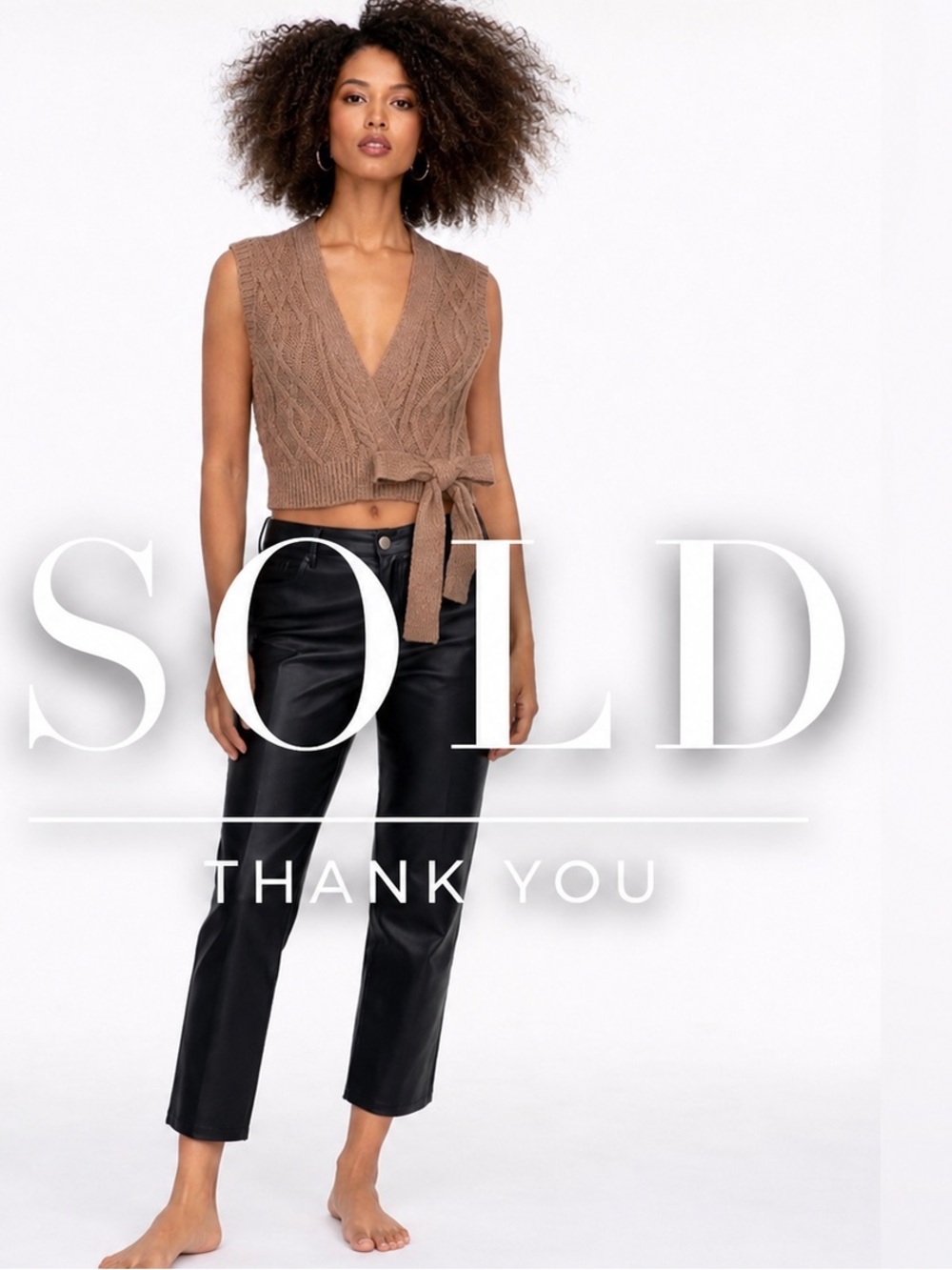 #4 🌷Cable Knit Wrap Sweater Vest Tie Front Cropped Boho Neutral S/M